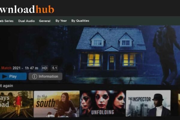 Screenshot of DownloadHub homepage showcasing free movie downloads and torrents.