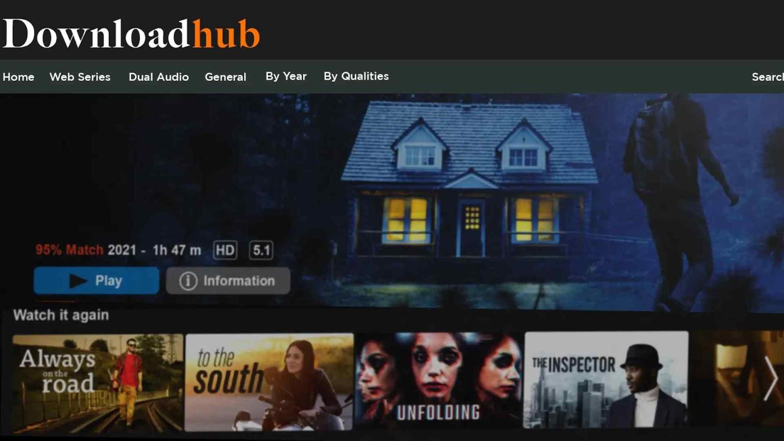 Screenshot of DownloadHub homepage showcasing free movie downloads and torrents.