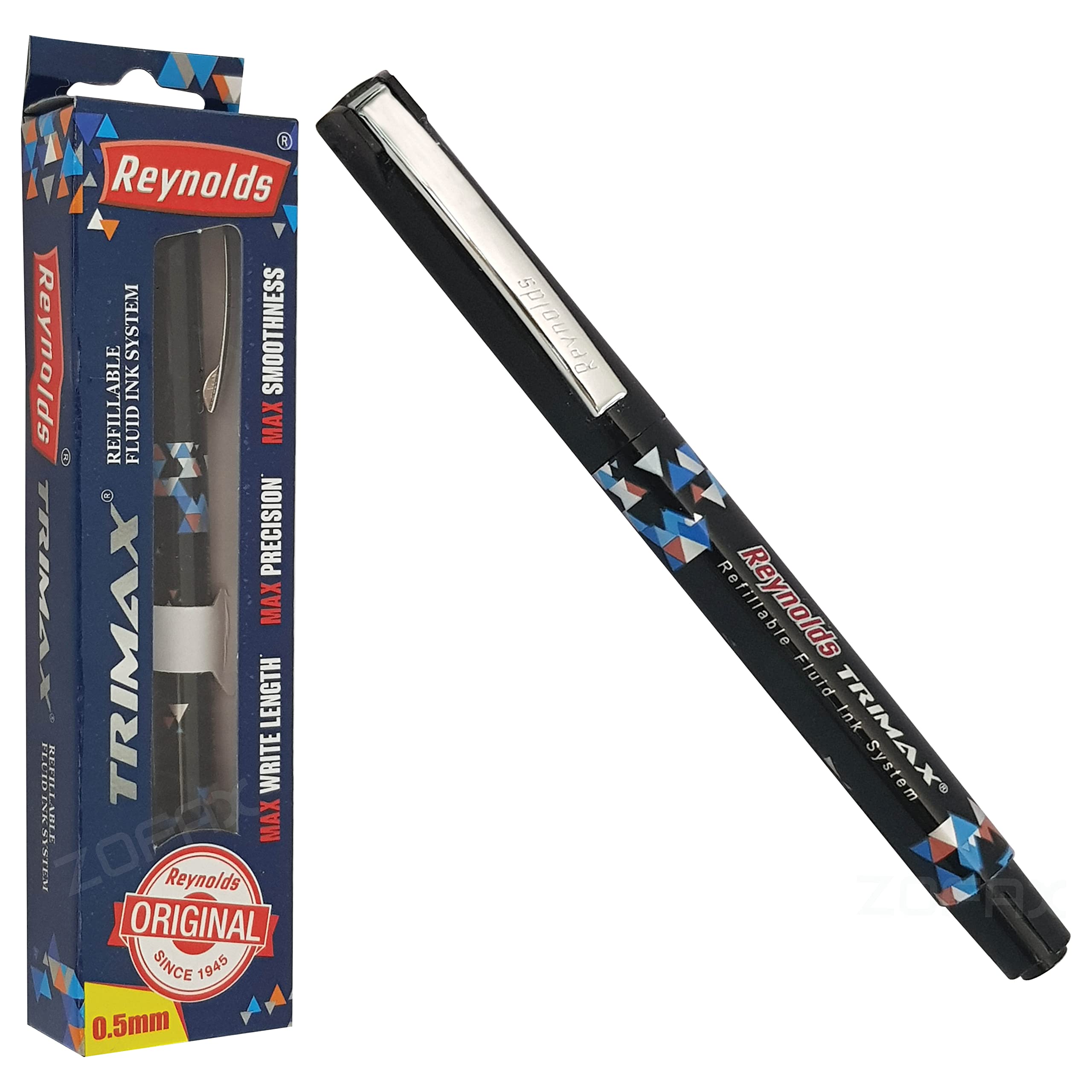 Trimax Pen in various colors showing smooth writing capabilities and ergonomic design