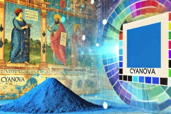 Cyanová, a vibrant cyan blue color used in fashion, design, and art.