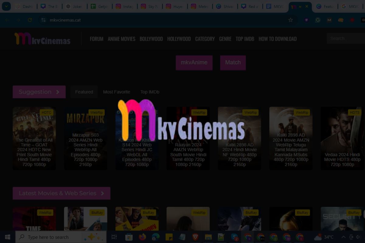 MKVCinemas movie download site with Bollywood and Hollywood movie posters.