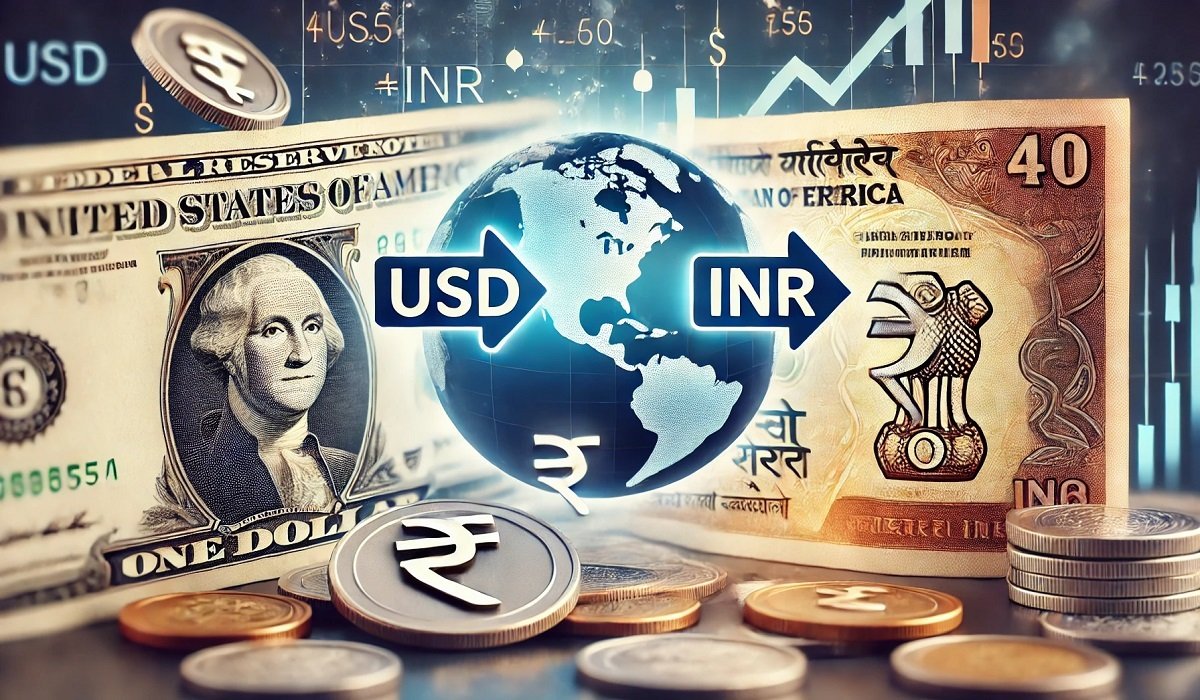 A professional representation of USD to INR currency exchange with symbols, banknotes, and a global financial background.