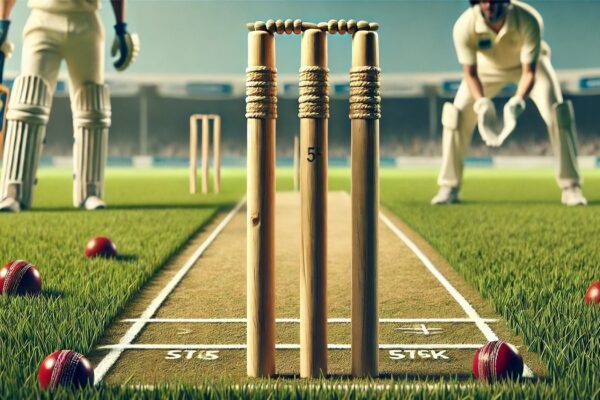 Close-up of cricket stumps on a field, showcasing their height and size relative to the pitch.