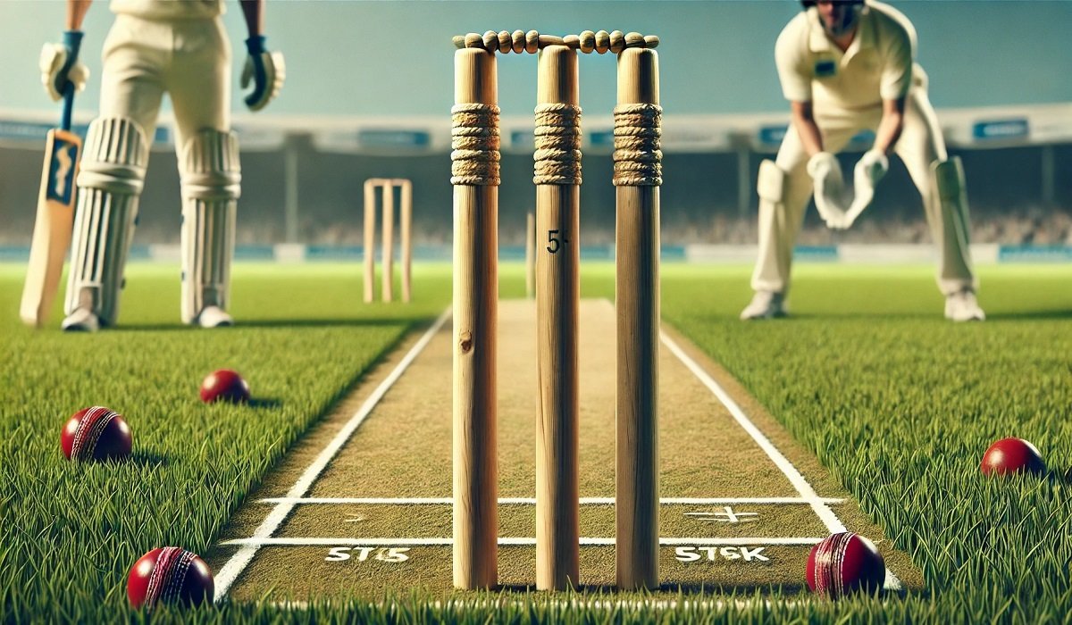 Close-up of cricket stumps on a field, showcasing their height and size relative to the pitch.