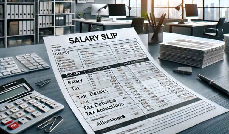 A professional office setting with a salary slip document showcasing salary details, tax deductions, and employee information.