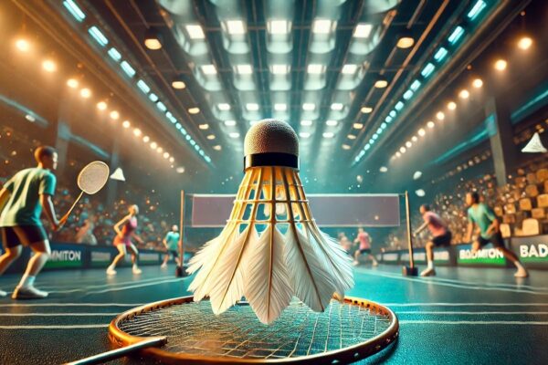 Feather shuttle used in professional badminton, showcasing its design and materials in action during a match