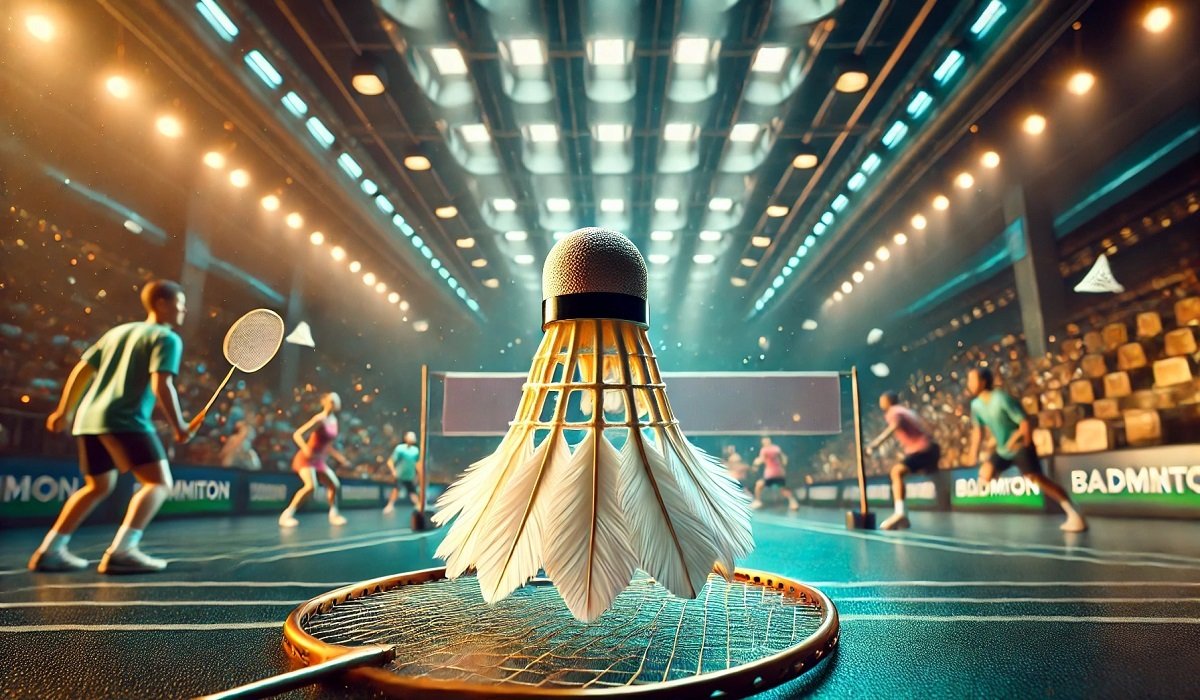 Feather shuttle used in professional badminton, showcasing its design and materials in action during a match