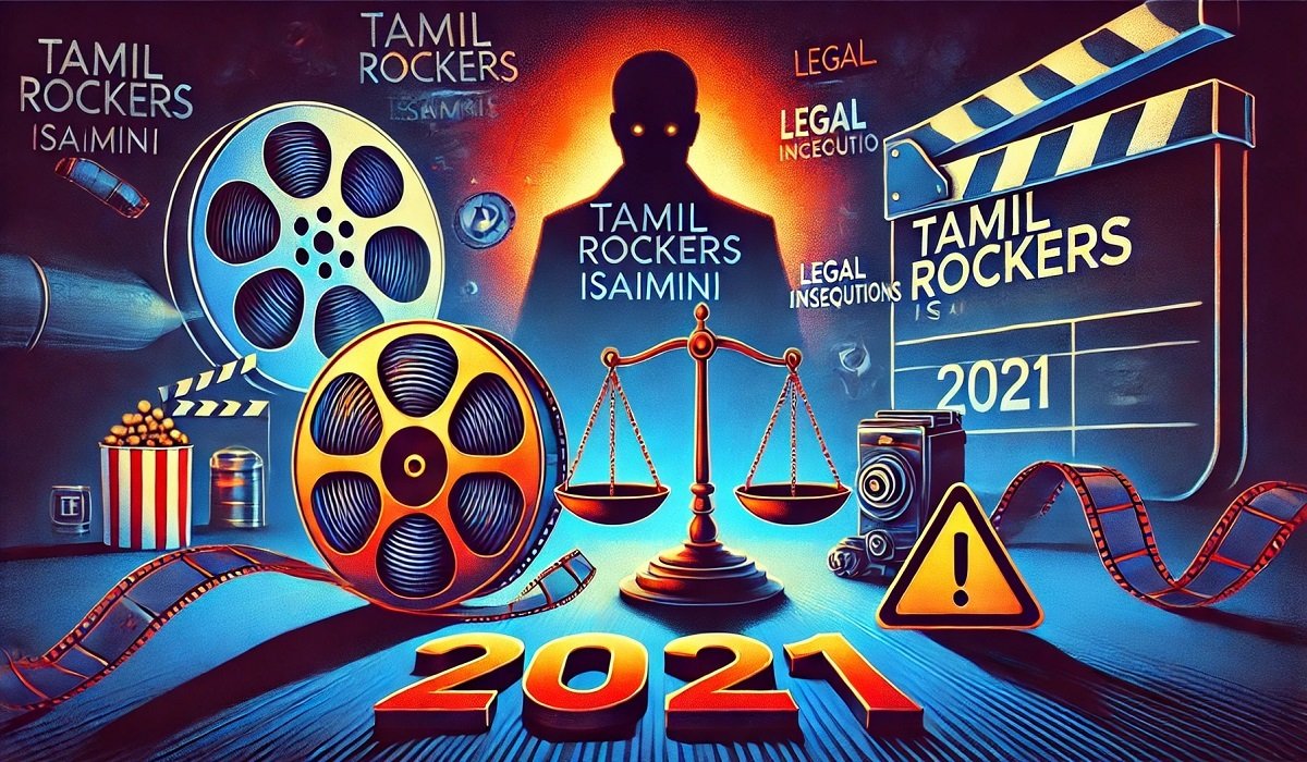 A conceptual image of tamilrockersisaimini.com 2021 featuring a digital screen, cinema reels, and copyright symbols.