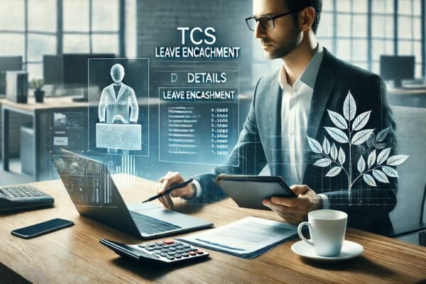 Employee reviewing TCS leave encashment paperwork in an office setting, with financial documents and a laptop.