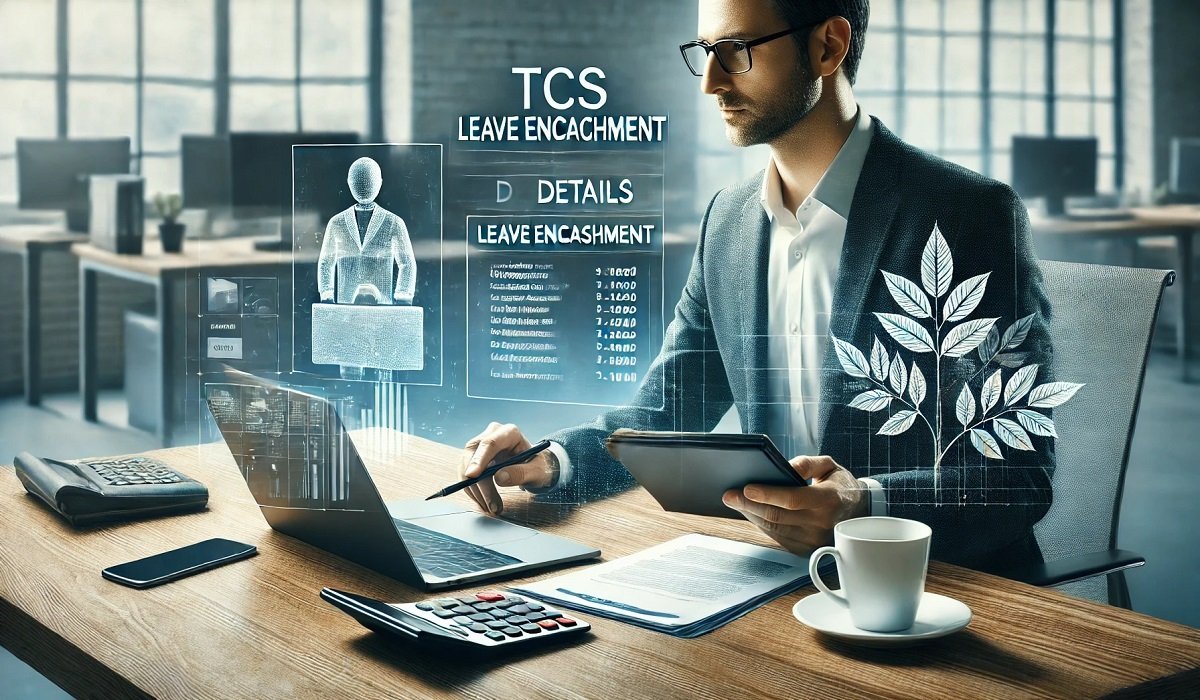 Employee reviewing TCS leave encashment paperwork in an office setting, with financial documents and a laptop.