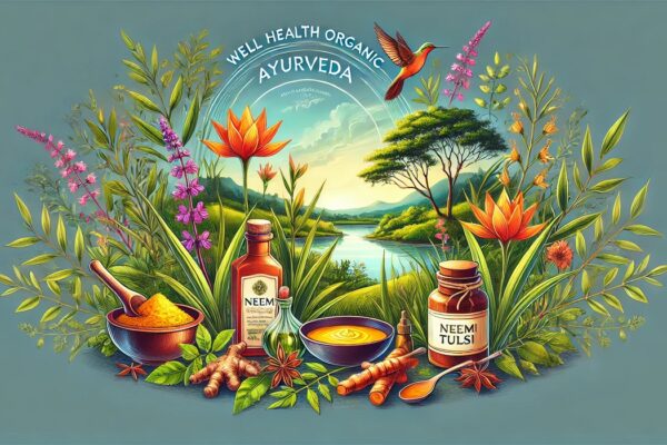 A serene depiction of well health organic ayurveda showcasing natural herbs, wellness practices, and Ayurvedic balance.