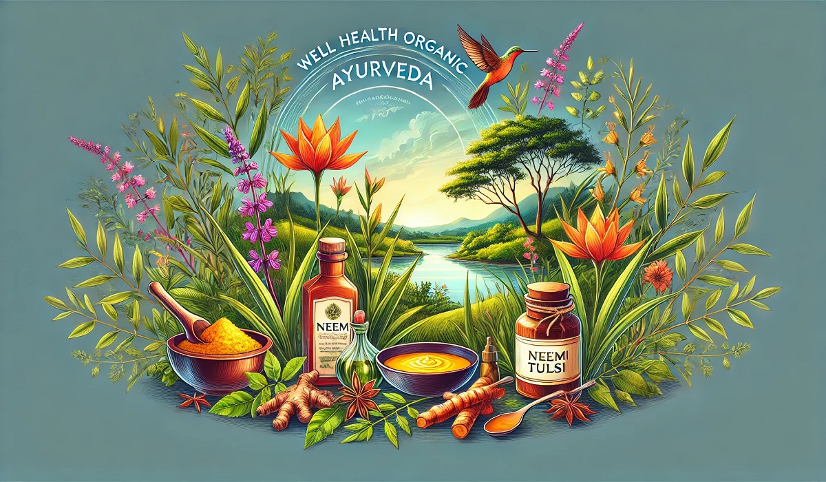 A serene depiction of well health organic ayurveda showcasing natural herbs, wellness practices, and Ayurvedic balance.