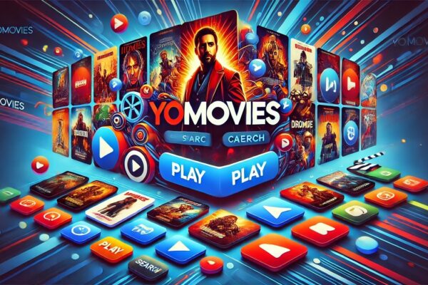 Yomovies streaming interface featuring movie categories and popular films in a modern digital design.