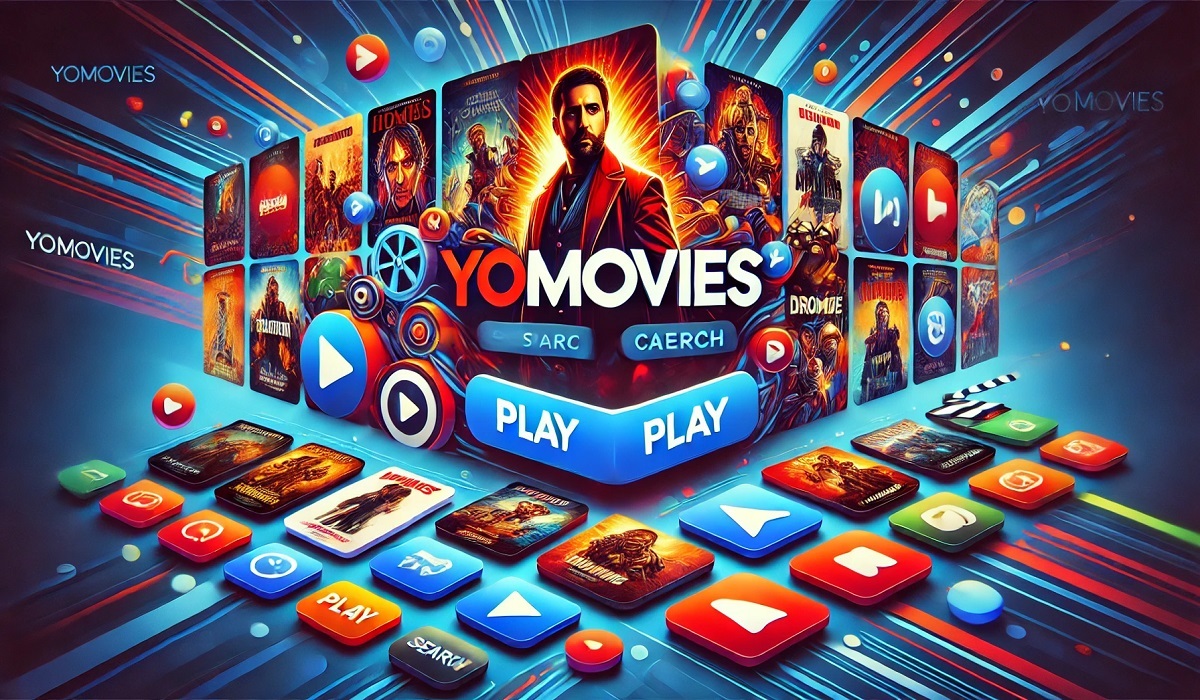 Yomovies streaming interface featuring movie categories and popular films in a modern digital design.