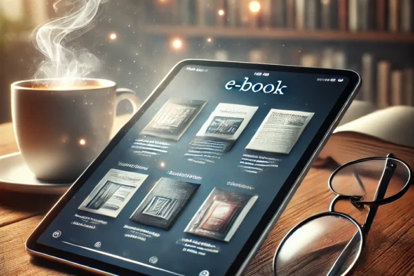 Digital reading on Book32 with an open e-book on a tablet, showcasing accessibility and convenience for book lovers.