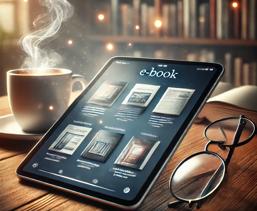 Digital reading on Book32 with an open e-book on a tablet, showcasing accessibility and convenience for book lovers.