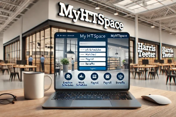 MyHTSpace login page displayed on a laptop, representing employee access to payroll, benefits, and schedules at Harris Teeter.