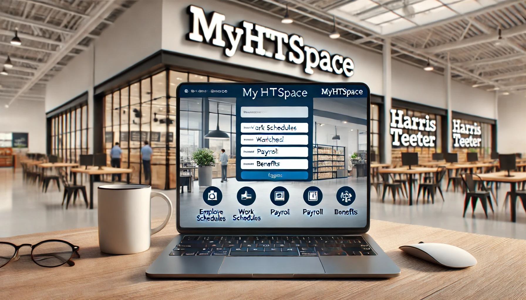 MyHTSpace login page displayed on a laptop, representing employee access to payroll, benefits, and schedules at Harris Teeter.