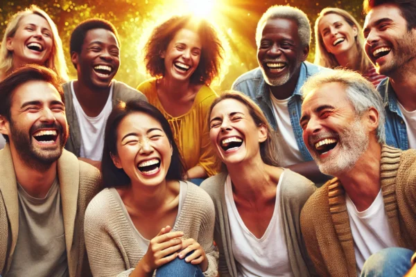 People enjoying joyous laughter in a social gathering, promoting happiness and well-being.