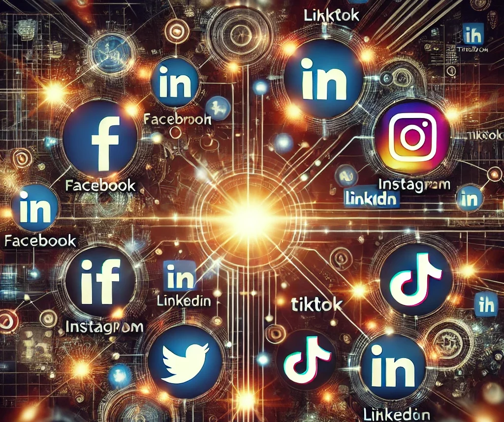 Collage of social media icons connected by lines, representing a person's diverse online activities.