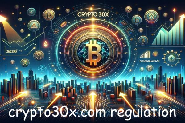 Crypto30x.com regulation concept with blockchain and compliance documents.