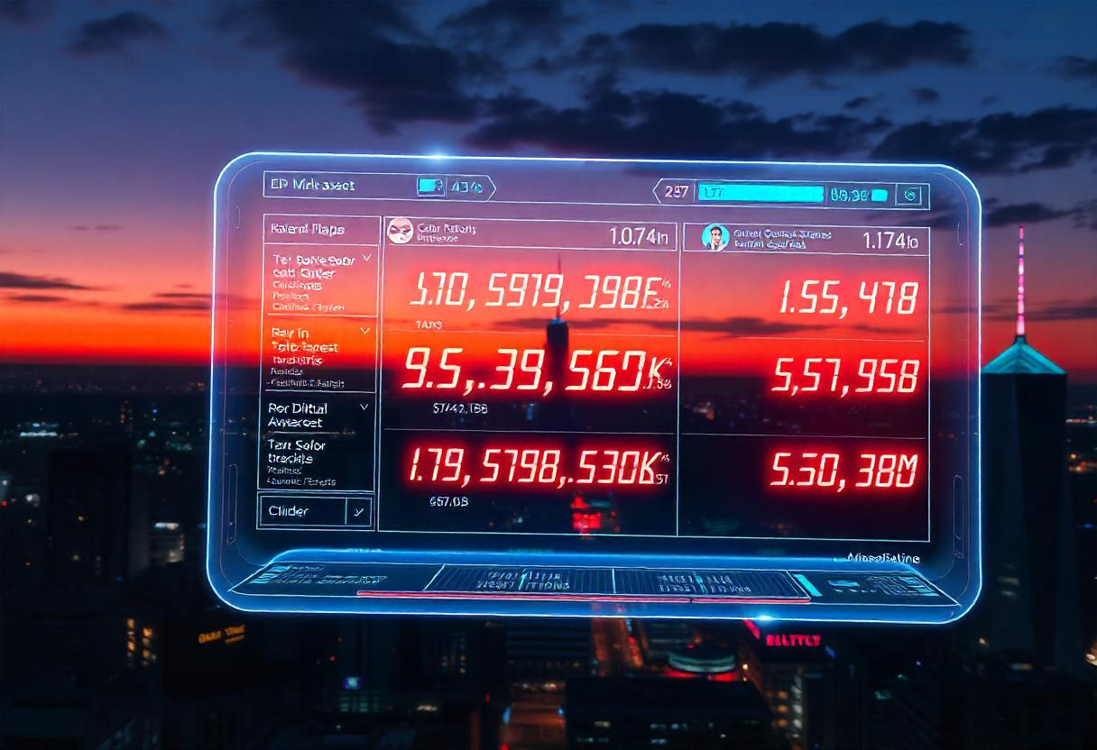 Digital asset marketplace with changing price charts representing price charalabush strategy.