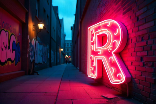 A vibrant, 3D-style bubble letter R with shading and a bold outline.