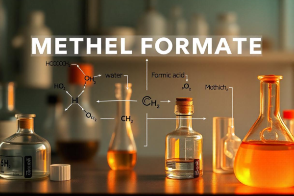 Chemical reaction diagram of HCOOCH CH2 H2O hydrolysis, displaying the conversion of methyl formate into formic acid and methanol.