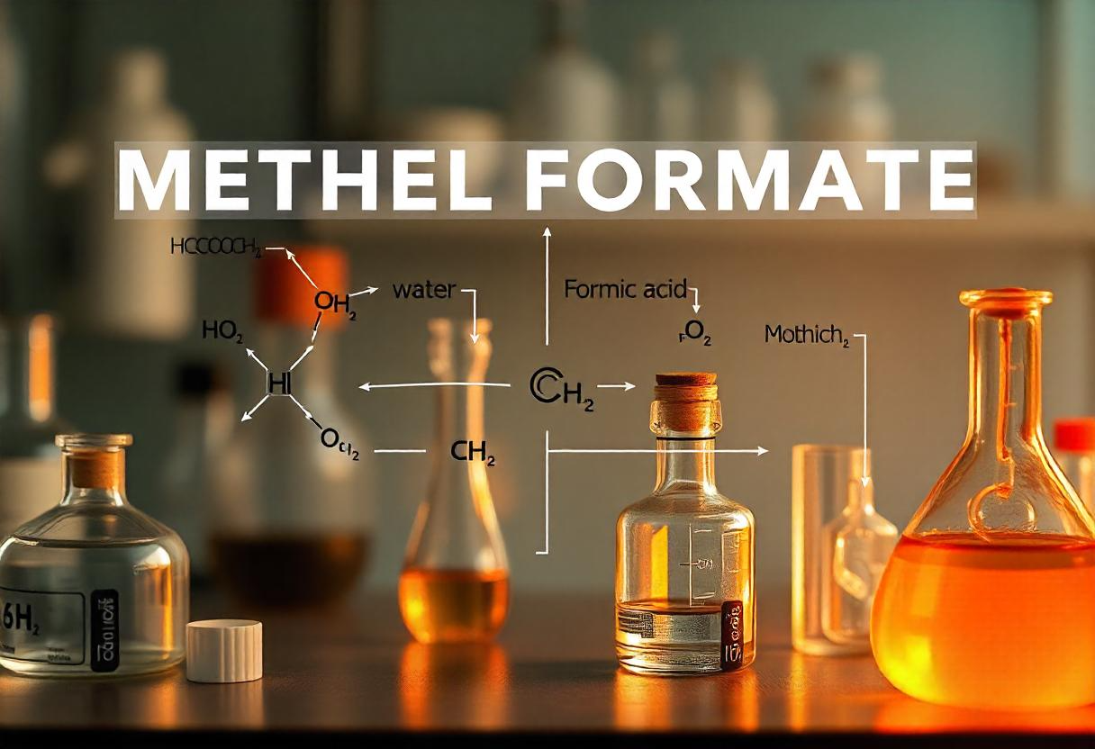 Chemical reaction diagram of HCOOCH CH2 H2O hydrolysis, displaying the conversion of methyl formate into formic acid and methanol.