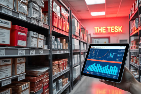 A book on consignment inventory system for hospitals showing organized medical supplies and digital tracking.