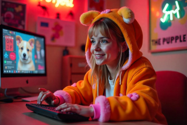 Puppygirlxd in a playful dog-themed outfit, interacting with her audience through a live stream.