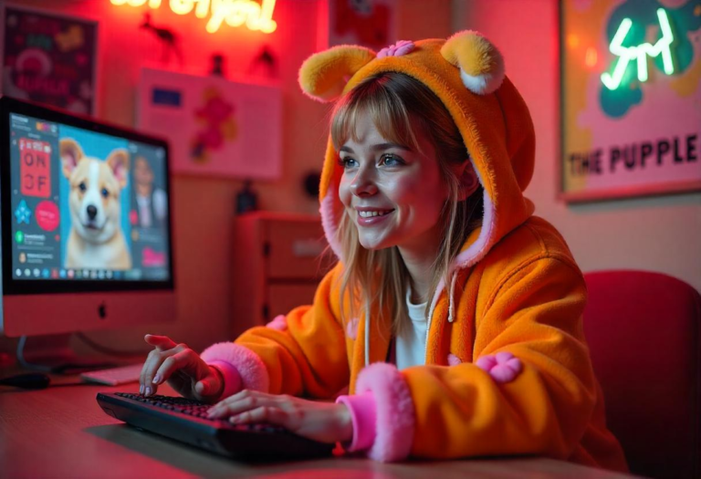 Puppygirlxd in a playful dog-themed outfit, interacting with her audience through a live stream.