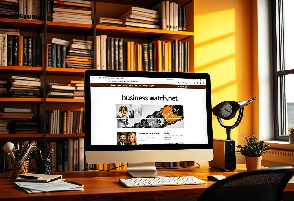 www.hura-watch.net business archives homepage displayed on a computer in a modern office setting.