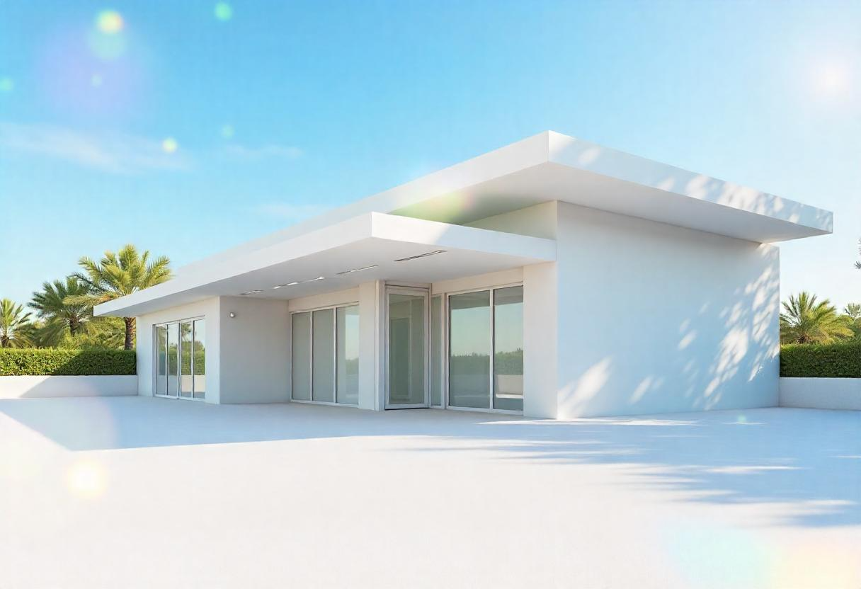 Alt Text: Flat-roofed building with white TPO membrane reflecting sunlight.