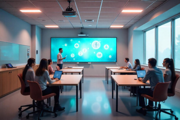 A modern classroom designed under the Classroom 15x model, featuring flexible seating, advanced technology, and collaborative learning spaces.