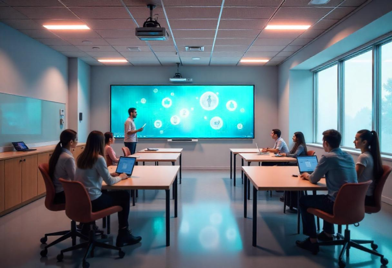A modern classroom designed under the Classroom 15x model, featuring flexible seating, advanced technology, and collaborative learning spaces.