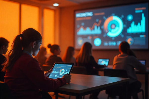 Students engaging with Rovzizqintiz in a digital learning environment, with AI-driven tools and gamified education features.