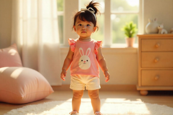 Toddler Sim wearing the KaTPurpura Emilia Top with ruffles and a bunny print in The Sims 4.