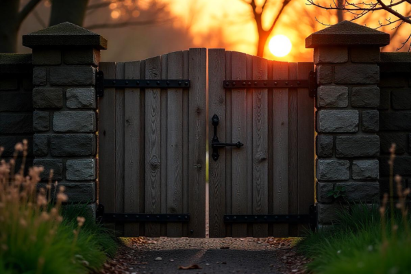 Wooden gate adorned with iron clavos in a symmetrical design, framed by a stone wall with ivy.