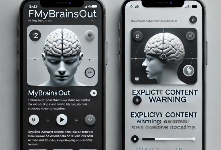 A minimalist user interface of FMyBrainsOut, showcasing geolocation features and explicit content warnings.